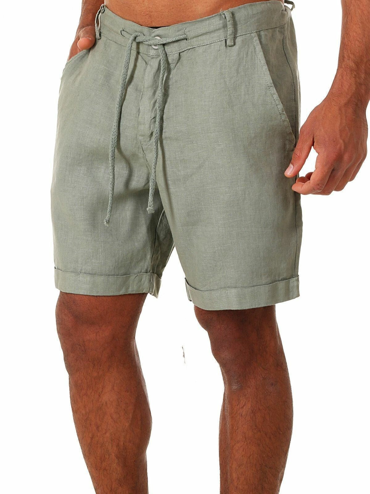 Mens Cotton Linen Drawstring Casual Shorts