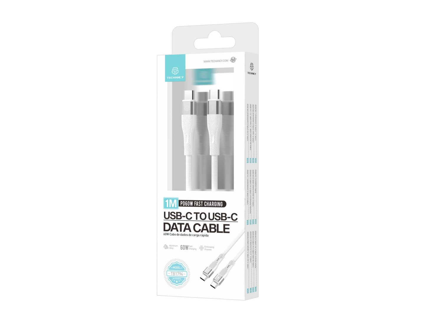 Techancy Cabo De Carregamento Rápido Pd Usb C Para Usb C Branco TB1779, Carregamento Rápido De 60 W, Comprimento 1 M