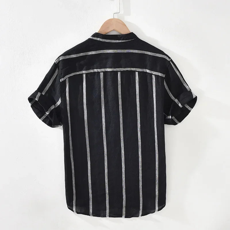 Men's Loose Stand Collar Retro Stripe Linen Shirt