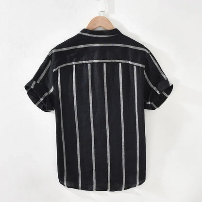 Men's Loose Stand Collar Retro Stripe Linen Shirt