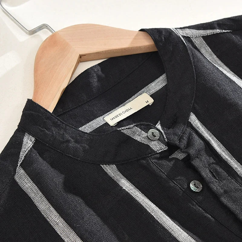 Men's Loose Stand Collar Retro Stripe Linen Shirt