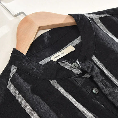 Men's Loose Stand Collar Retro Stripe Linen Shirt