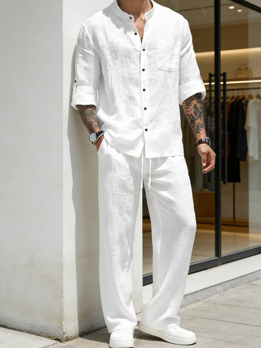 Mens Linen Stand Collar Shirt and Pants Set