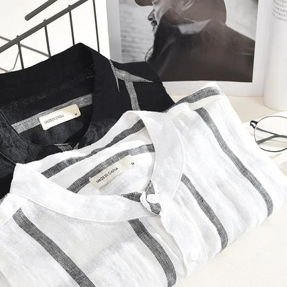 Men's Loose Stand Collar Retro Stripe Linen Shirt