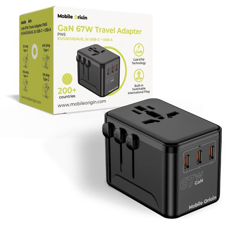 Mobile Origin 295414 GaN 67W Travel Adapter PW5 EU/UK/US/AUS, 3x USB-C + USB-A, Töltő