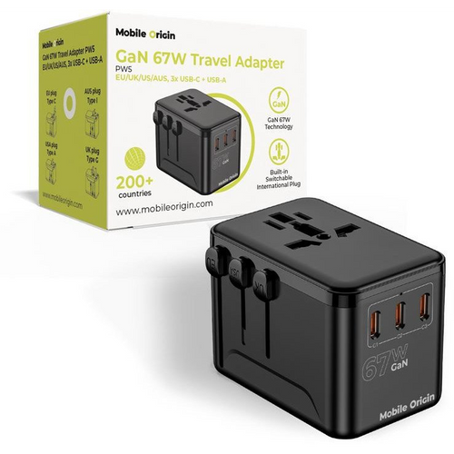 Mobile Origin 295414 GaN 67W Travel Adapter PW5 EU/UK/US/AUS, 3x USB-C + USB-A, Töltő