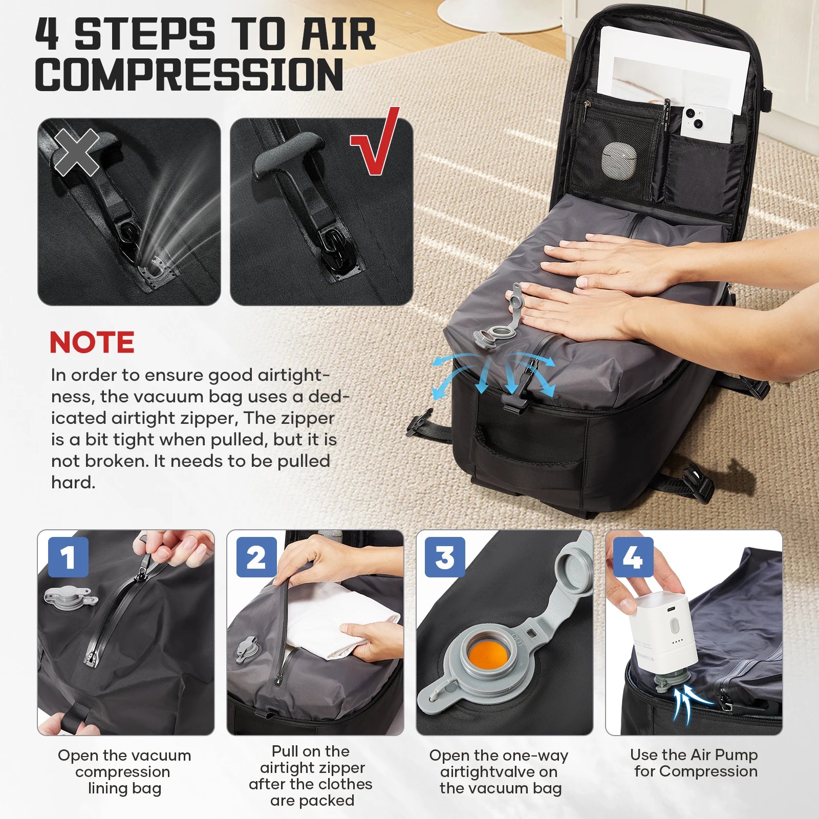 Vacuum Bag for Clothing，Backpack Hand Luggage Aircraft，Travel Essentials Vacuum Backpack Hand Luggage 40X30X20, Men Backpack