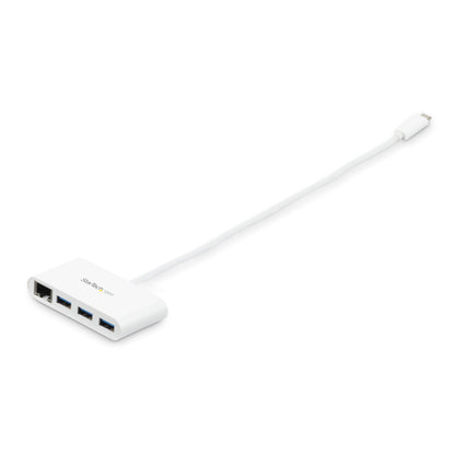 Star Tech 3-Port USB-C Hub with Gigabit Ethernet - USB-C to 3x USB-A - USB 3.0 Hub - White~3-Port USB-C Hub with Gigabit Ethernet - USB-C to 3x USB-A - USB 3.0 Hub - 5Gbps - White