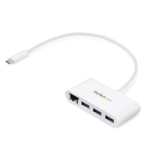 Star Tech 3-Port USB-C Hub with Gigabit Ethernet - USB-C to 3x USB-A - USB 3.0 Hub - White~3-Port USB-C Hub with Gigabit Ethernet - USB-C to 3x USB-A - USB 3.0 Hub - 5Gbps - White