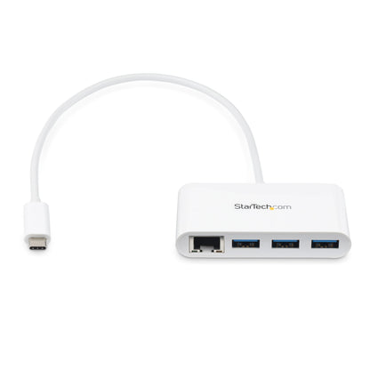Star Tech 3-Port USB-C Hub with Gigabit Ethernet - USB-C to 3x USB-A - USB 3.0 Hub - White~3-Port USB-C Hub with Gigabit Ethernet - USB-C to 3x USB-A - USB 3.0 Hub - 5Gbps - White