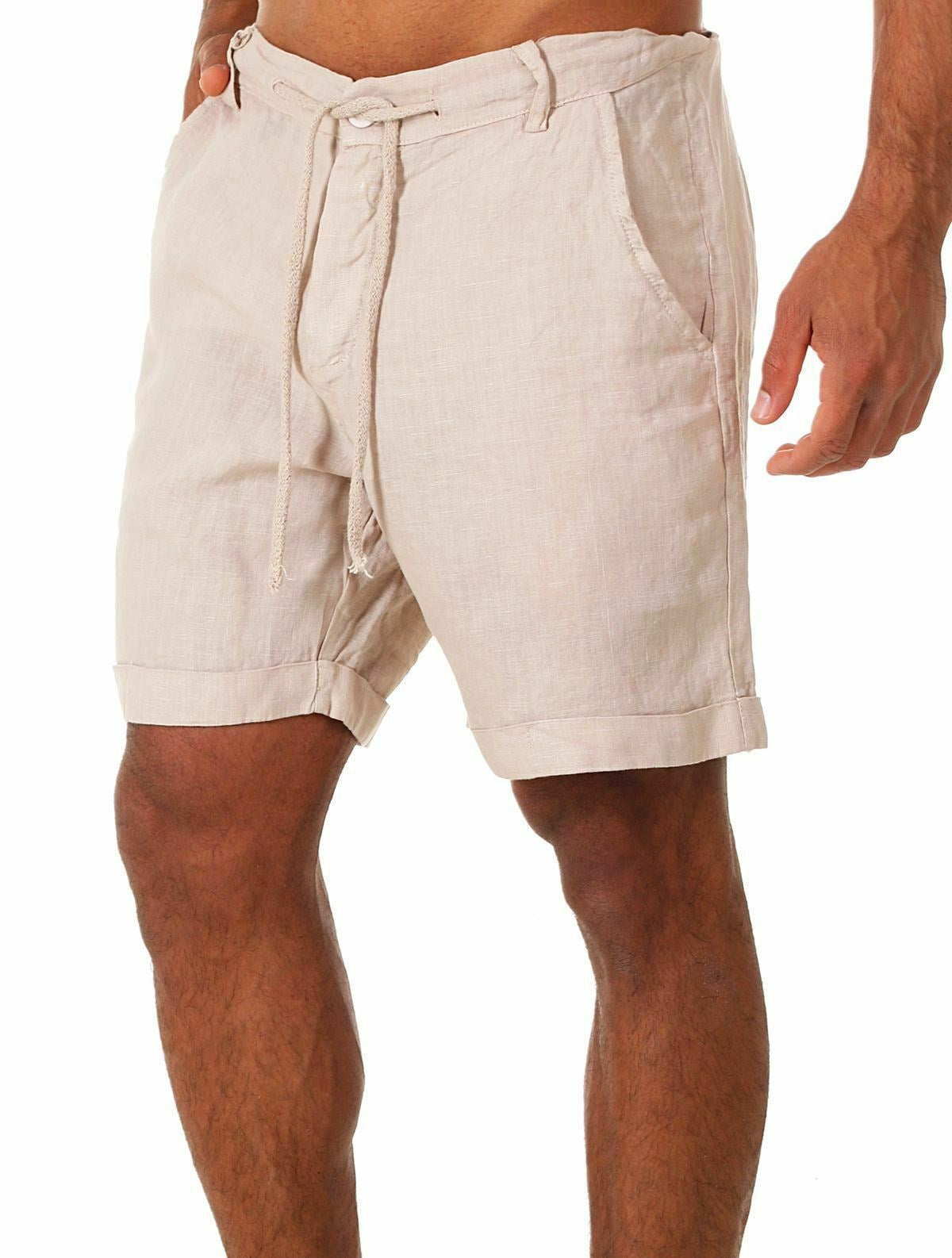 Mens Cotton Linen Drawstring Casual Shorts