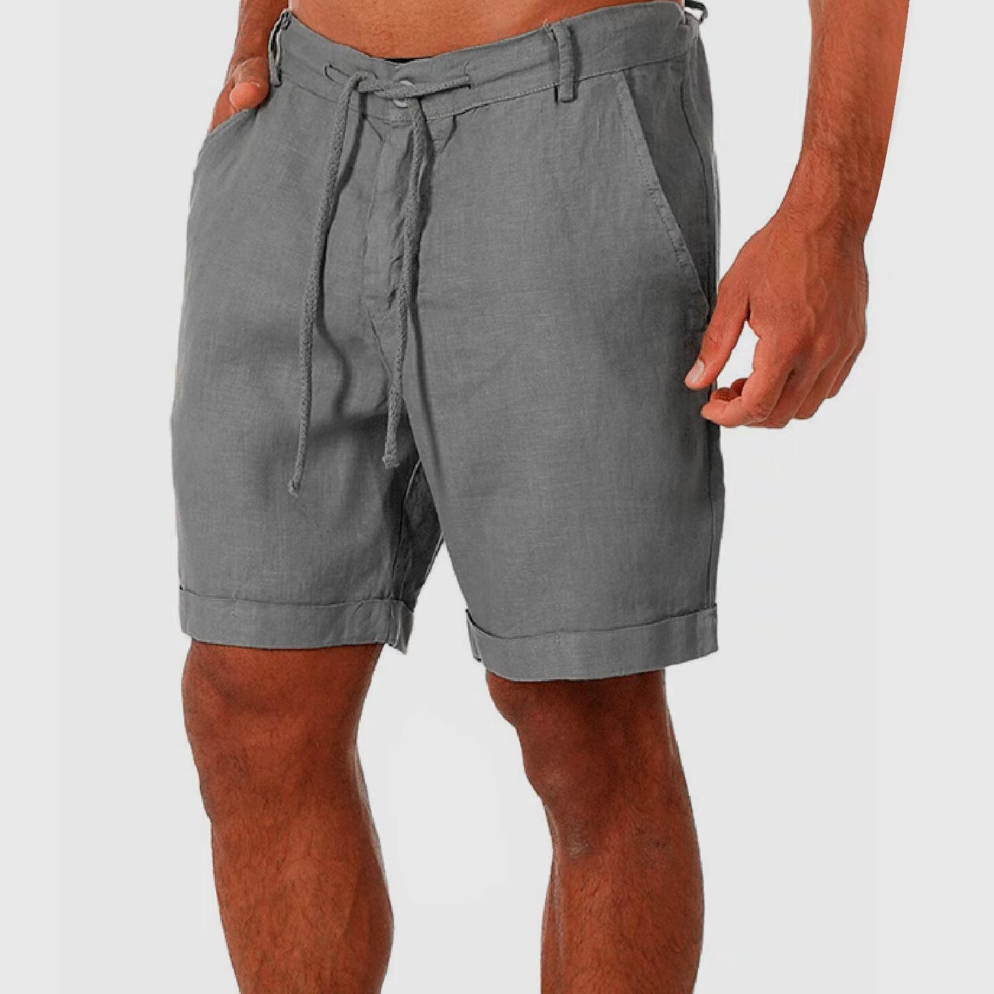 Mens Cotton Linen Drawstring Casual Shorts
