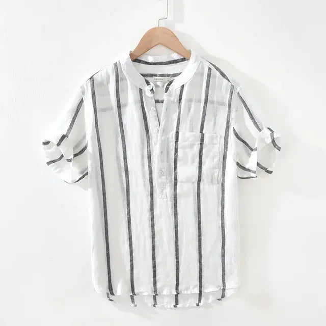 Men's Loose Stand Collar Retro Stripe Linen Shirt