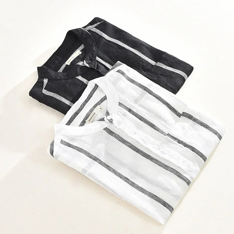 Men's Loose Stand Collar Retro Stripe Linen Shirt