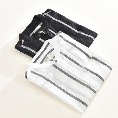 Men's Loose Stand Collar Retro Stripe Linen Shirt