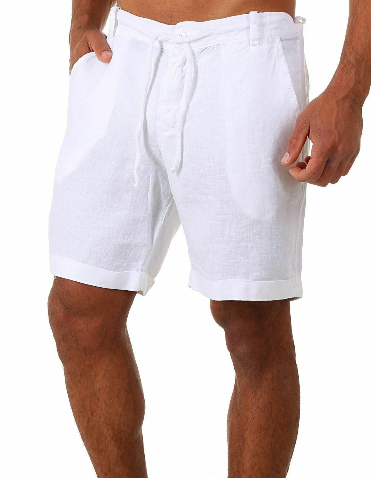 Mens Cotton Linen Drawstring Casual Shorts