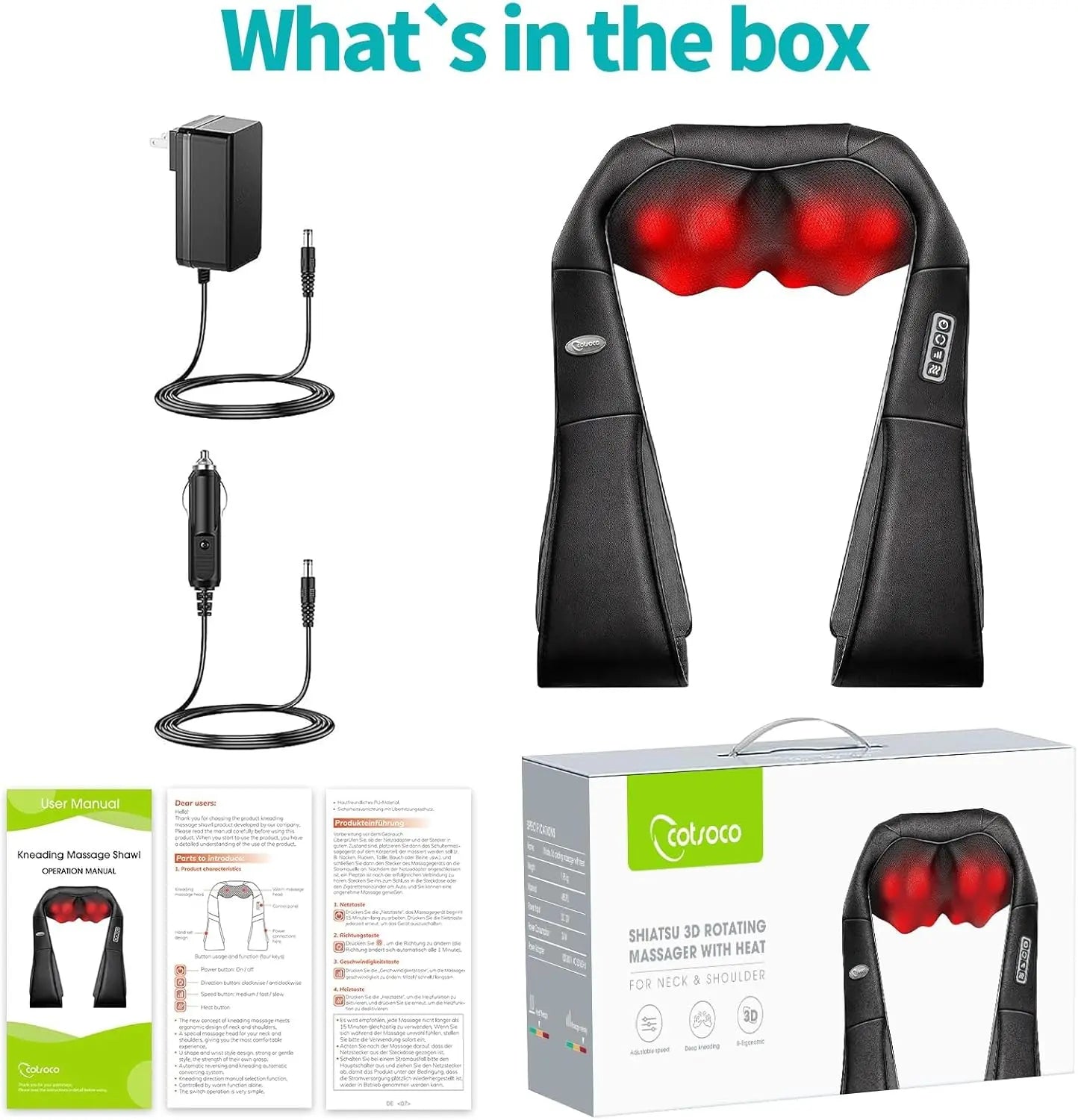 Cotsoco Shiatsu Neck and Back Massager with Heat, Back Shoulder Massager Deep Kneading, Comfort Electric Massager for Home Office Car Use, Gift for Women & Men