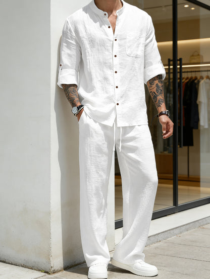 Mens Linen Stand Collar Shirt and Pants Set