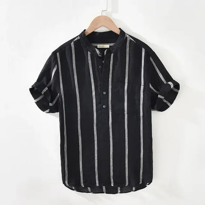Men's Loose Stand Collar Retro Stripe Linen Shirt