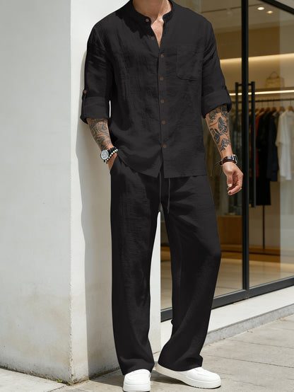 Mens Linen Stand Collar Shirt and Pants Set