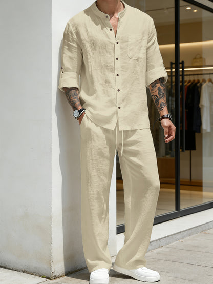 Mens Linen Stand Collar Shirt and Pants Set