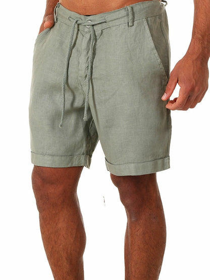 Mens Cotton Linen Drawstring Casual Shorts
