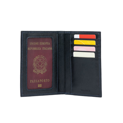 K10122AB | Document Holder + Passport in genuine full-grain leather, dollar/liscia grain. Black color. Size when closed: 10 x 14 x 1 cm - Packaging: hard bottom/cover Gift Box