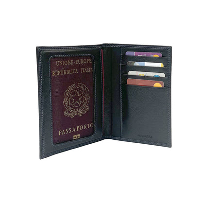 K10122AB | Document Holder + Passport in genuine full-grain leather, dollar/liscia grain. Black color. Size when closed: 10 x 14 x 1 cm - Packaging: hard bottom/cover Gift Box