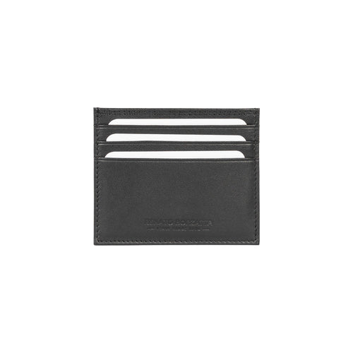 RB12016A | Credit Card Holder in genuine full-grain leather, with light grain. Black color. RFID protection. Size: 10 x 8 x 0.5 cm. Packaging: gift box bottom/cover