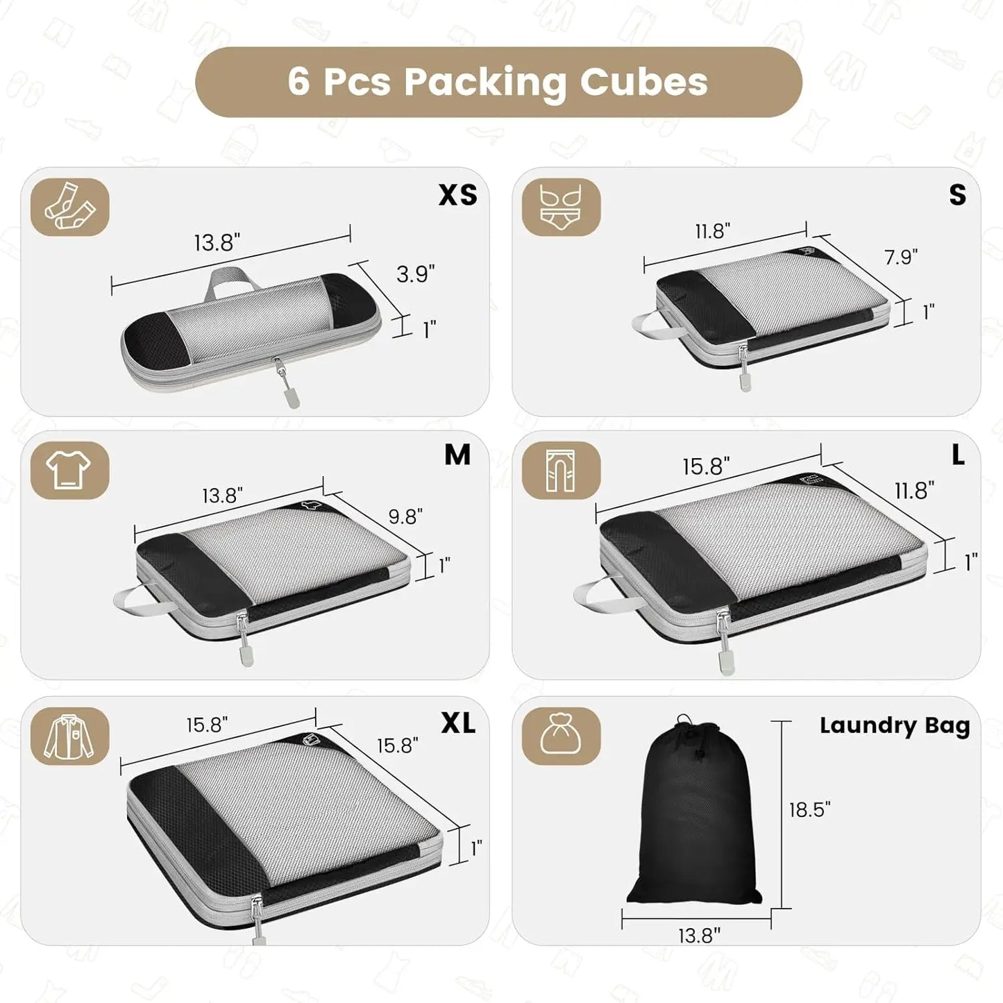 6-Piece Compression Packing Cubes Travel Organizer Set with Shoe Bag