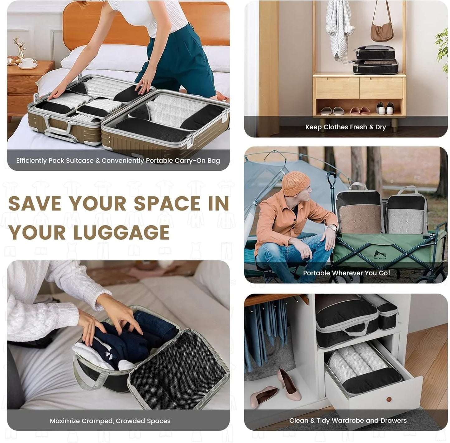 6-Piece Compression Packing Cubes Travel Organizer Set with Shoe Bag