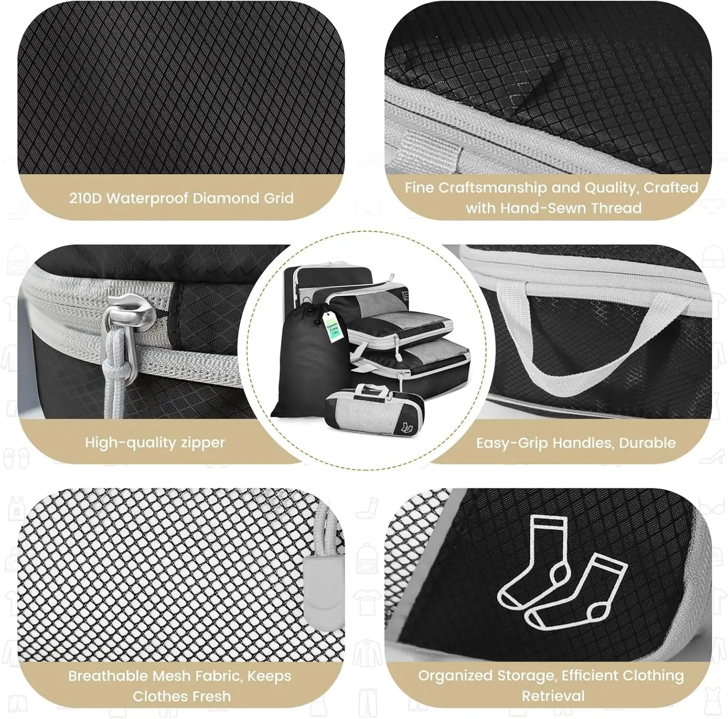 6-Piece Compression Packing Cubes Travel Organizer Set with Shoe Bag