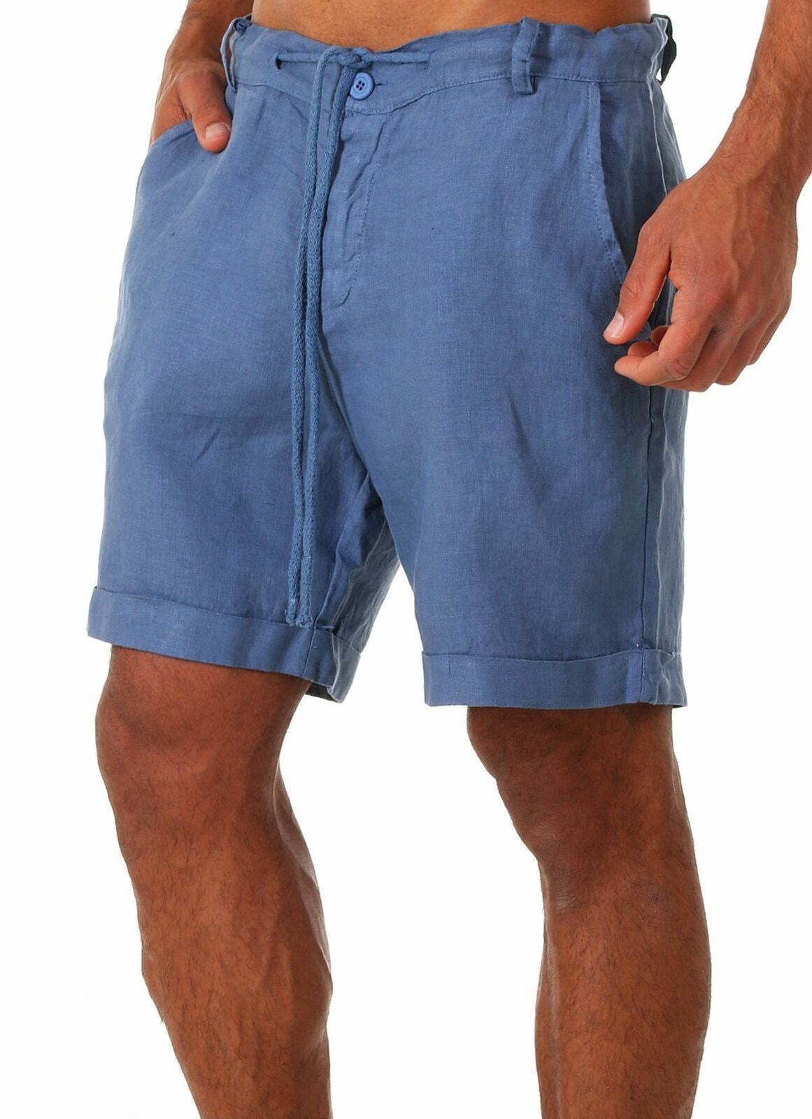 Mens Cotton Linen Drawstring Casual Shorts