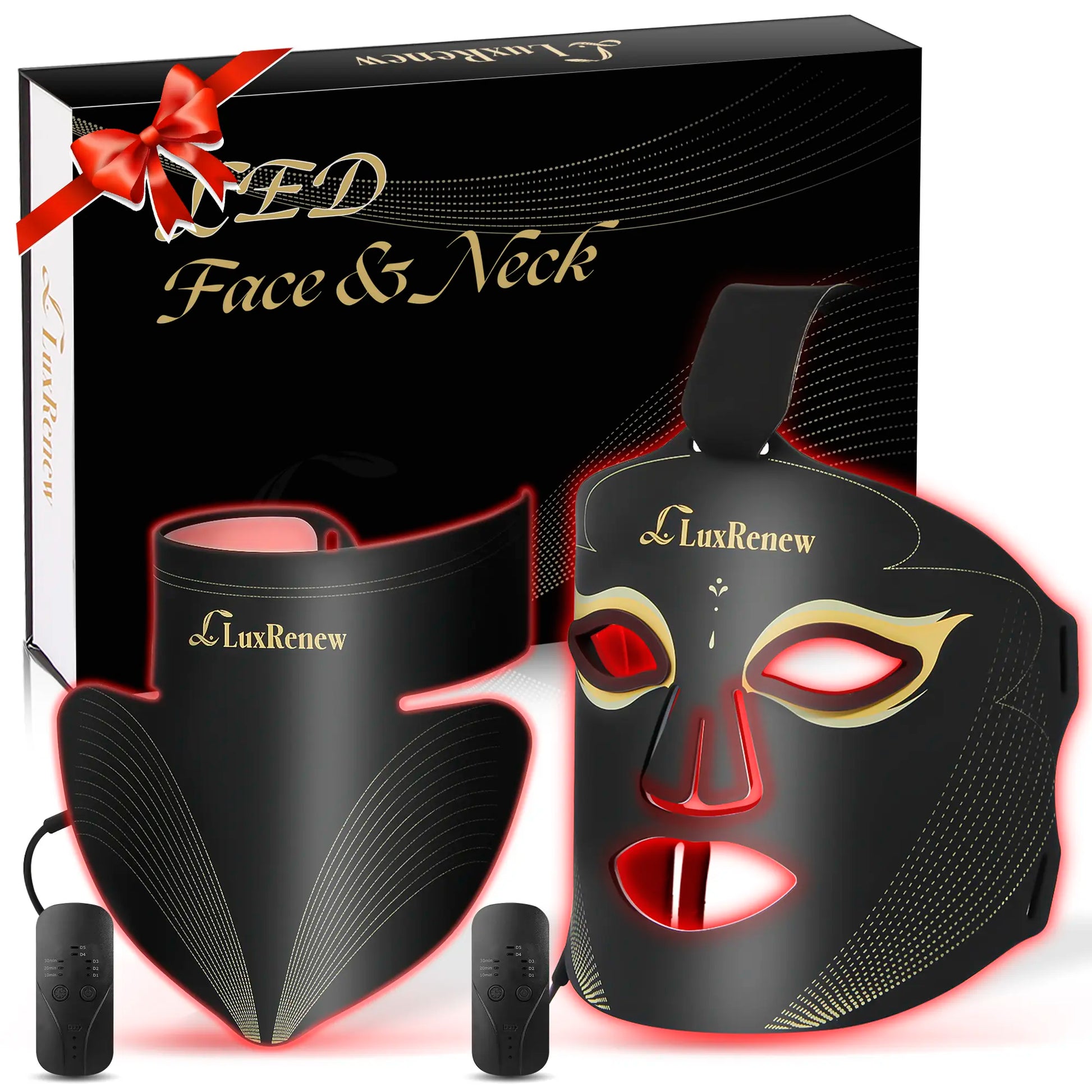 Luxrenew 2 in 1 PJ Red Light Mask Set,Near-Infrared Light 850Nm and Red Light 630Nm,5 Gears Adjustment,Led Mask Light Therapy for Face & Neck,Portable and Rechargeable at Home and Travel