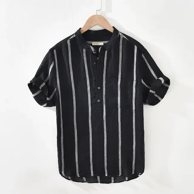 Men's Loose Stand Collar Retro Stripe Linen Shirt