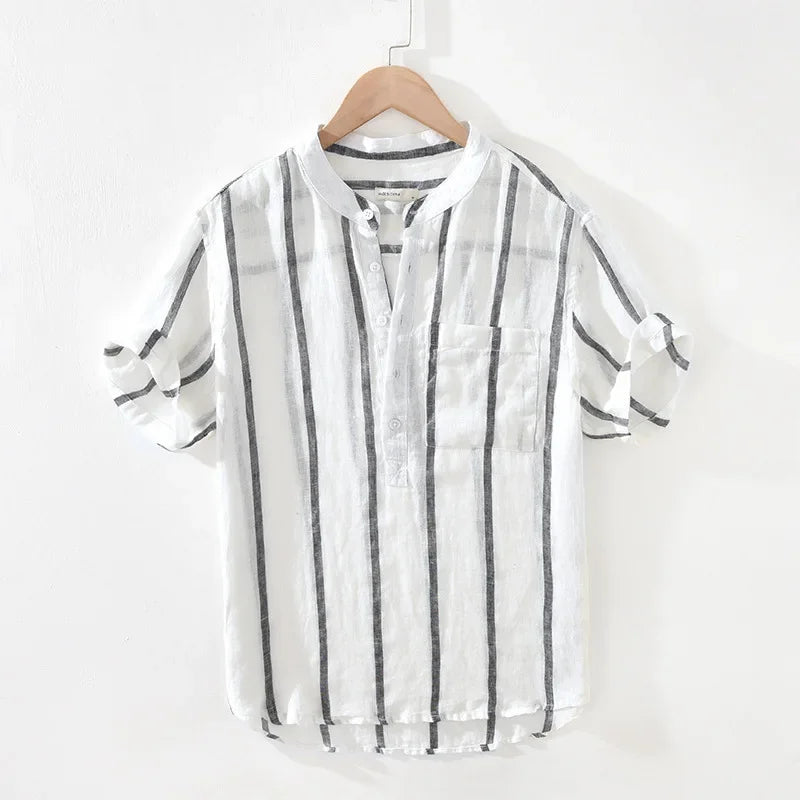Men's Loose Stand Collar Retro Stripe Linen Shirt