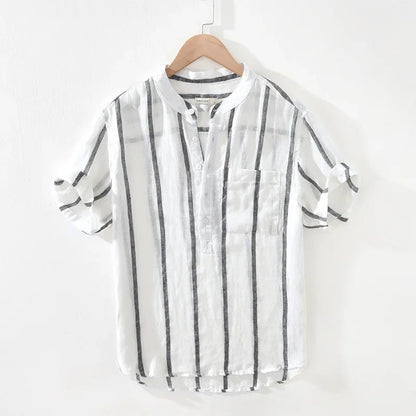 Men's Loose Stand Collar Retro Stripe Linen Shirt