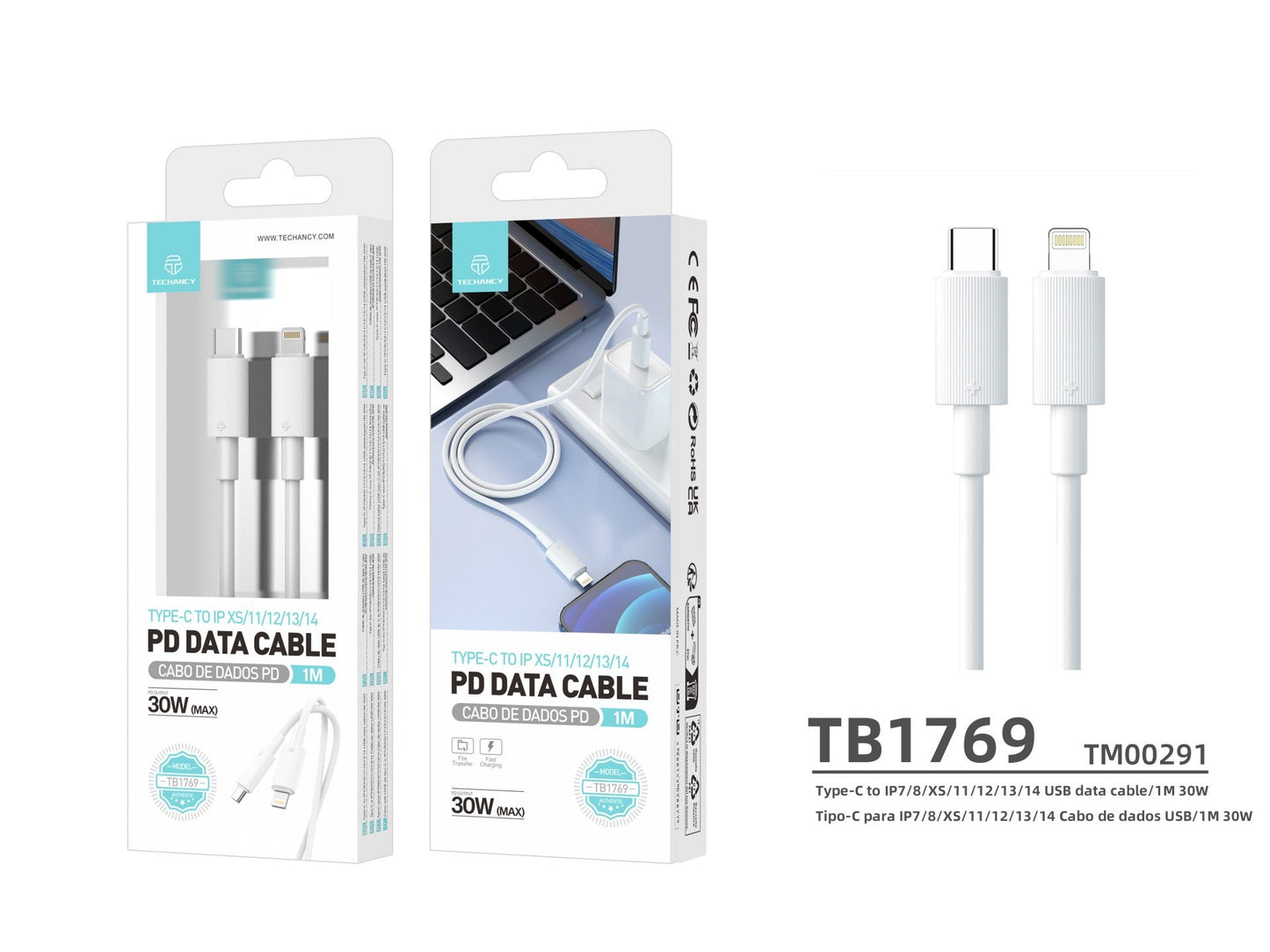 Techancy Cabo Pd De Carregamento Rápido 1m Branco TB1769,Tipo-C Para Ip, Carregamento Rápido De 30w Compatível Com Iphone/Ipad