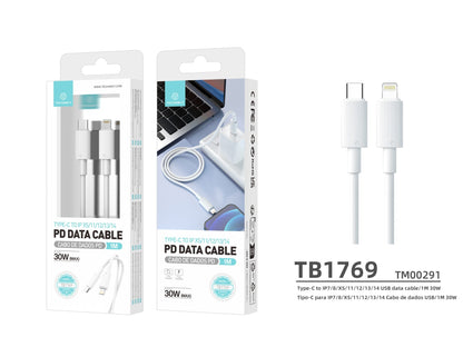 Techancy Cabo Pd De Carregamento Rápido 1m Branco TB1769,Tipo-C Para Ip, Carregamento Rápido De 30w Compatível Com Iphone/Ipad
