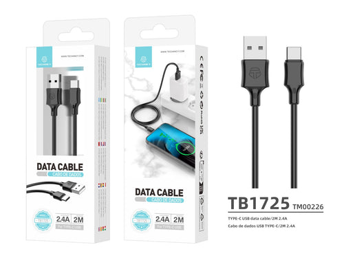 Techancy Cabo De Dados Usb-Tipo C Preto TB1725, 2m De Longa Distância, Carregamento De 2,4a, Compatível Com Telemóveis Tipo C