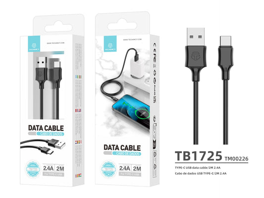 Techancy Cabo De Dados Usb-Tipo C Preto TB1725, 2m De Longa Distância, Carregamento De 2,4a, Compatível Com Telemóveis Tipo C