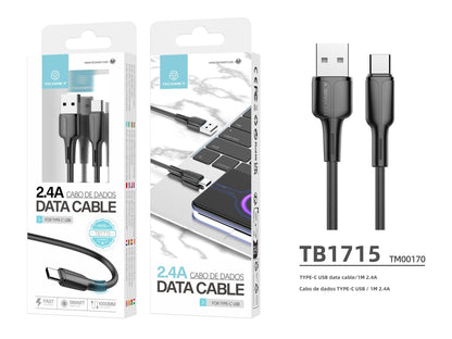 Techancy Cabo De Dados Usb-Type-C Preto 1m TB1715, Carregamento Rápido 2.4a, Suporta Transferência De Dados, Material Pvc