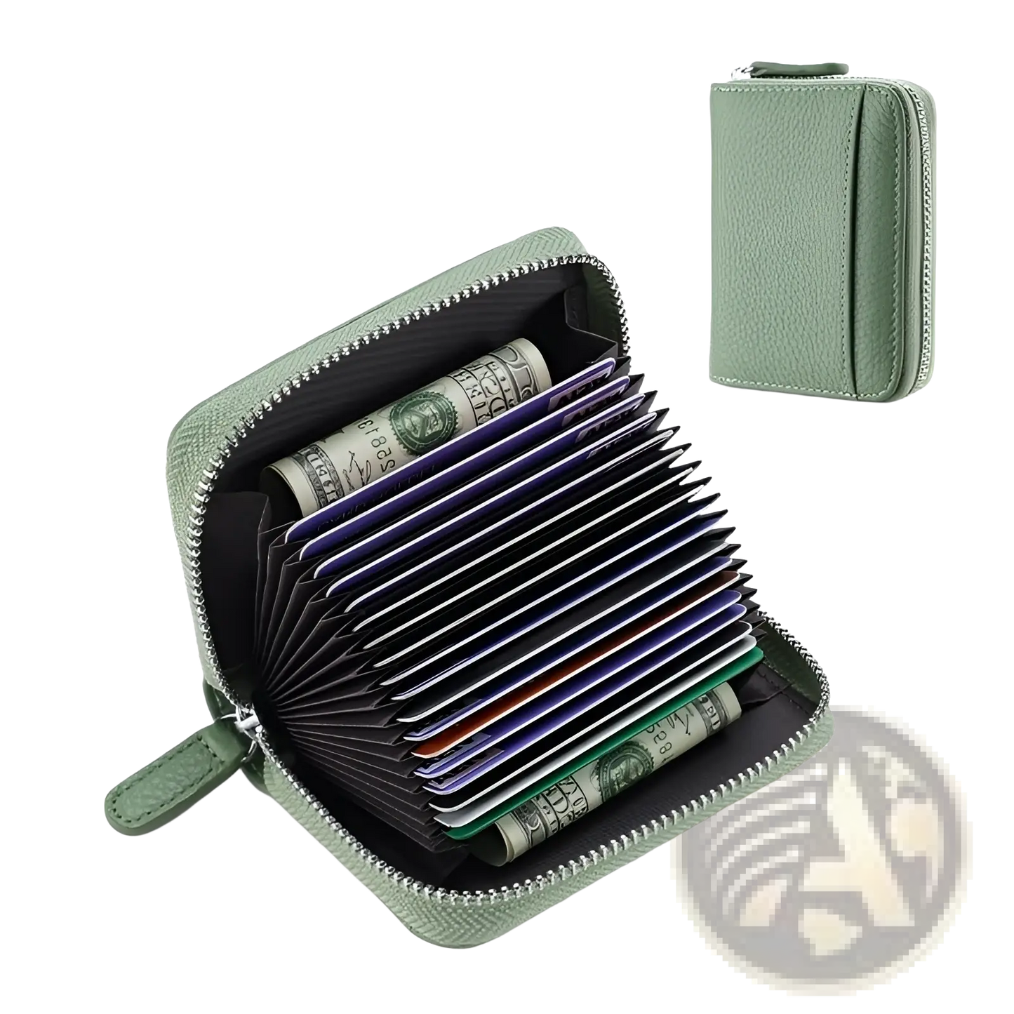 Rfid Leather Card Wallet with Zipper Coin Pocket Sage Green